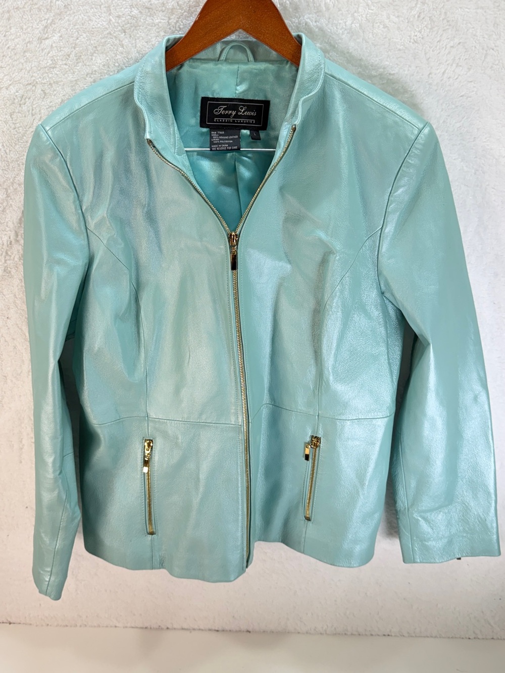 Terry Lewis Classic Luxuries Aqua Blue Genuine Leather Zip Jacket Women’s Large